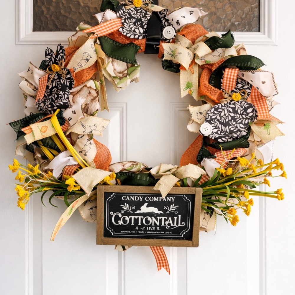 Handmade Easter Bunny Ribbon Wreath Farmhouse Spring Door Decor